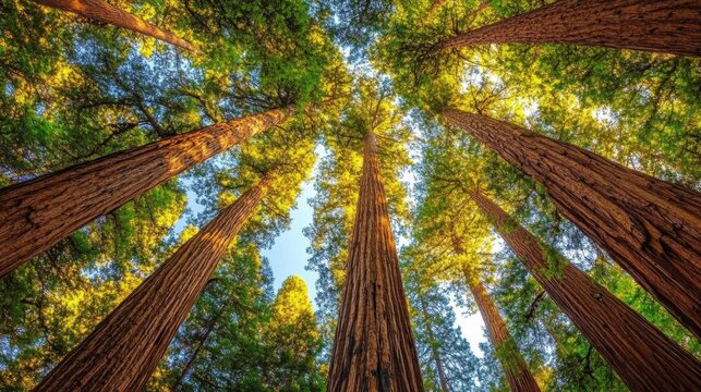 ancient redwood forest, tall and formidable redwood trees in the dense forest stand majestically, instilling a feeling of reverence and awe in those beneath them with their ancient presence