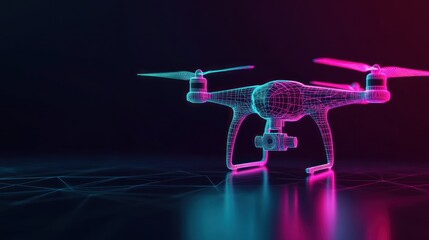 Drone Wireframe with Glowing Neon Lights