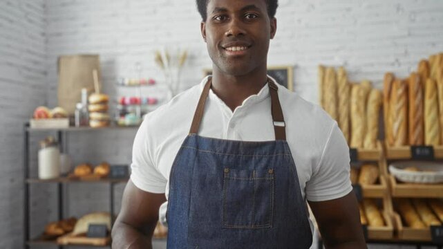 Young man in blue apron holding coffee cup and pastry in a bakery with shelves of bread in the background