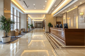 Welcoming reception desk at the heart of an elegant hotel lobby.