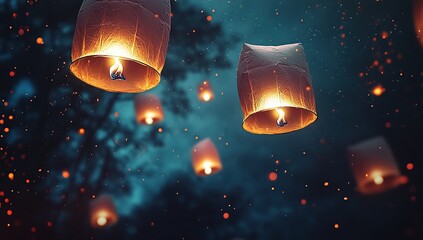 Festive Lanterns Flying in the Night Sky, A Captivating View of Decorative lanterns floating gracefully