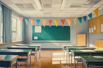 Fototapeta premium A bright and colorful classroom setting. Cheerful ambiance with desks and chairs arranged neatly. Perfect for educational themes and school-related projects. Generative AI