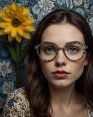 Obraz premium portrait of a woman with glasses and a yellow flower