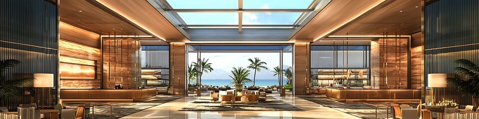 Fototapeta premium A new hotel lobby showcases a modern mix of glass, wood, and steel.