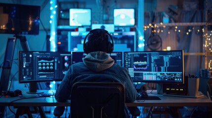 Man Gaming in a Blue Lit Room