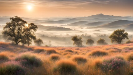 A beautiful landscape with a sun shining on the trees