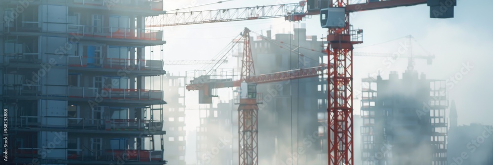 Poster close-up view of construction cranes operating on a new multi-story residential structure with a blu