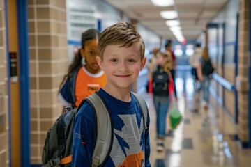 A boy wearing a blue shirt and a backpack is smiling in a hallway