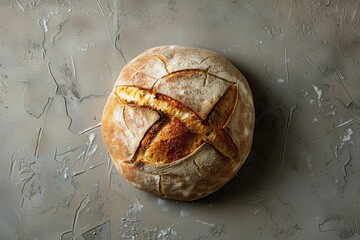 Close up view of a freshly baked rustic sourdough round bread loaf in the center of a grey background.