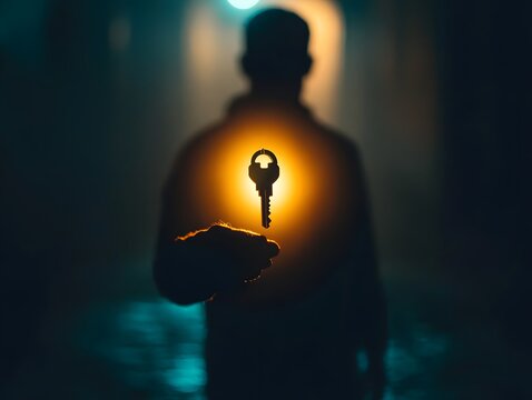 A mysterious figure holds a glowing key, symbolizing access and secrets in a dimly lit urban setting.