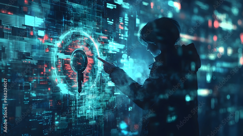 Poster a person interacts with a digital interface, displaying holographic elements and cybersecurity theme