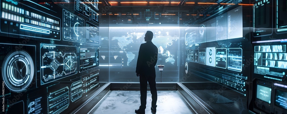 Poster a person observing digital data in a modern control room, reflecting innovation and technology in a 