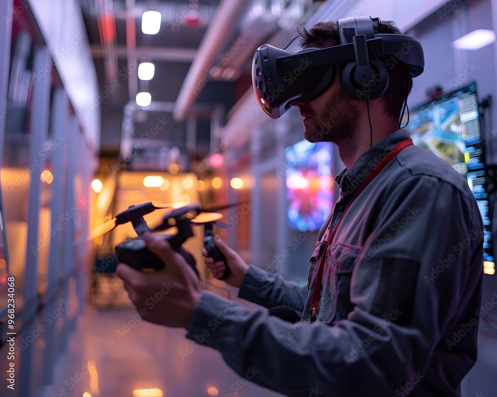 Poster a person using virtual reality goggles while controlling a drone in a high-tech environment, showcas