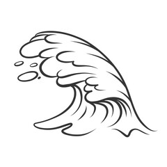 Sea or ocean wave with saltwater splashes icon, doodle tsunami surge. Retro simple wild storm surf motion and wind. Nature, seascape mascot, hand drawn big wave contour icon vector illustration