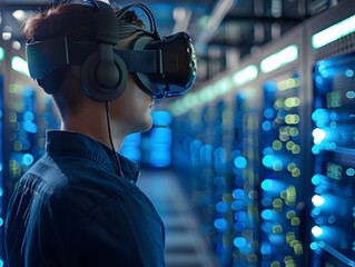 A person wearing a virtual reality headset exploring digital environments in a modern server room with blue lights.