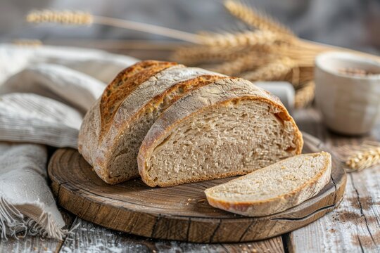 A rustic sourdough bread slices on an oak wooden board, and kitchen towel in the background