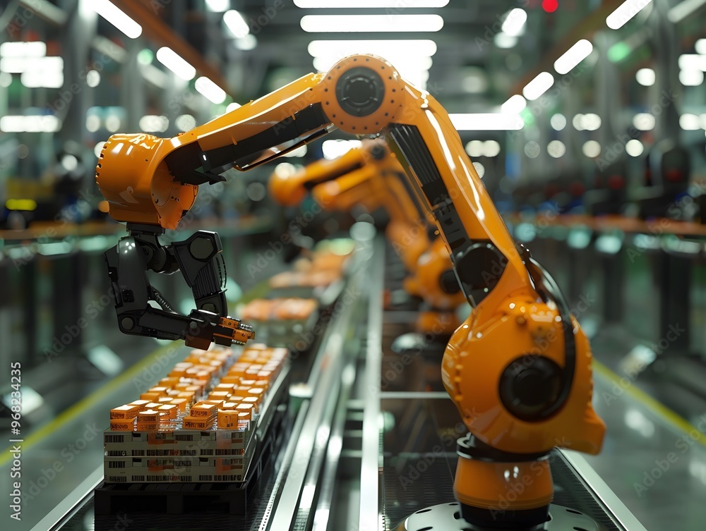 Poster a robotic arm efficiently assembles products in a modern industrial factory, showcasing automation a