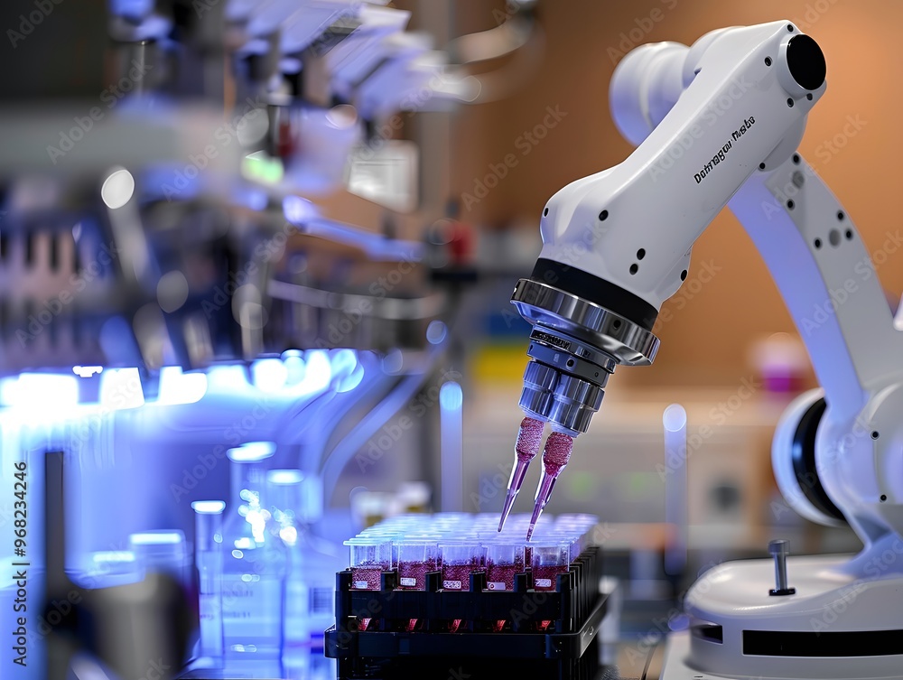 Poster a robotic arm performing automated tasks in a laboratory, showcasing advanced technology and precisi