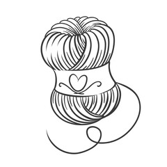Woolen thread skein line icon. Hand drawn retro wool yarn reel with string and decorative swirl pattern on label. Knitting, needlework, knitwork mascot, outline skein icon vector illustration
