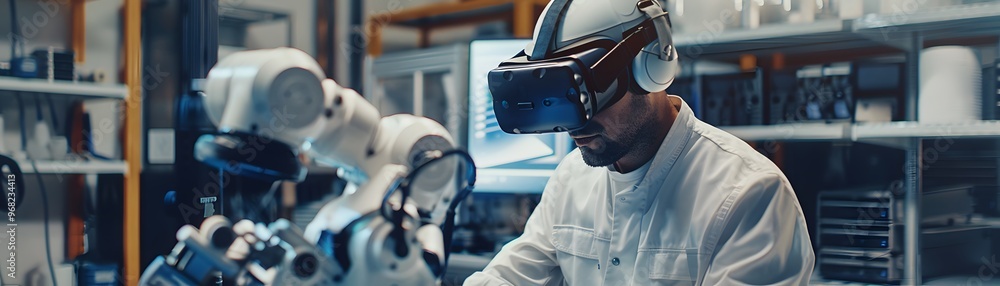 Poster a scientist using virtual reality technology to interact with robotics in a modern lab setting, show
