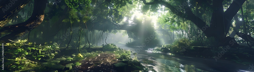 Poster a serene forest scene with sunlight filtering through trees, creating a tranquil atmosphere by a flo