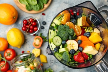A vibrant mix of fresh fruits and vegetables fills a blender. Colorful ingredients blend well for healthy smoothies. Perfect for wellness and nutrition. Generative AI