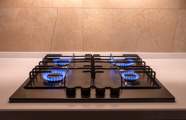 Gas burner on black modern kitchen stove