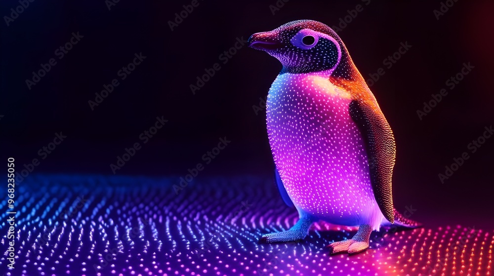 Poster glowing penguin bird against dark with lighting pattern background image