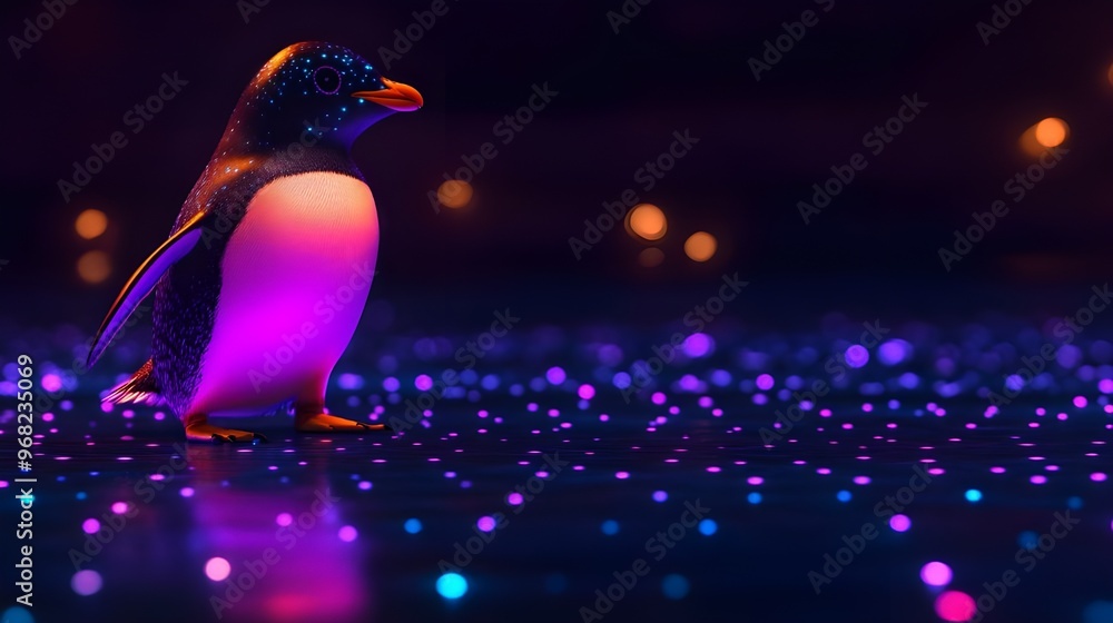 Poster glowing penguin with dark background and light pattern image