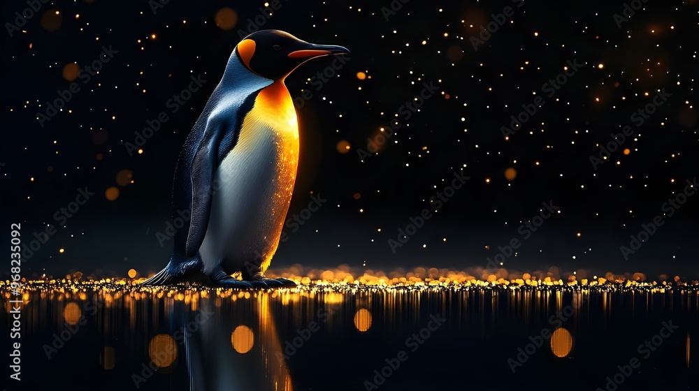 Poster illuminated penguin against dark with lighting pattern image