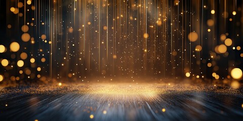A mesmerizing backdrop of golden bokeh lights creates an enchanting atmosphere, perfect for celebrations, events, or festive design projects. Sparkling particles cascade elegantly.