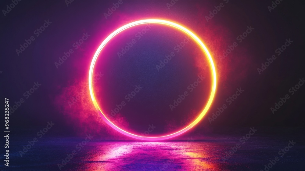 Poster glowing neon circle with vibrant colors in dark space. futuristic abstract concept