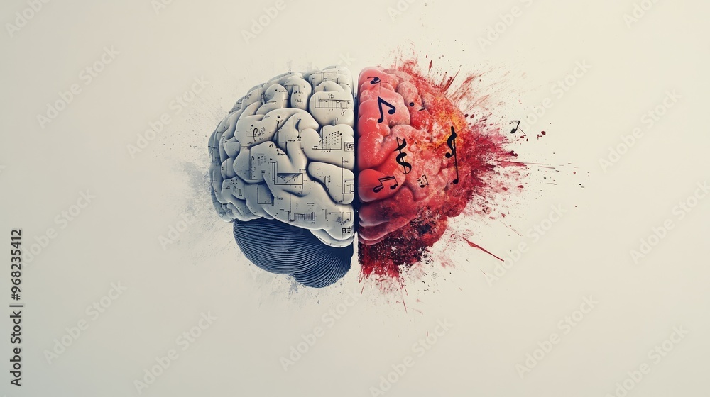 Aufkleber brain split in half with left side showcasing logic and numbers, and the right half a burst of music
