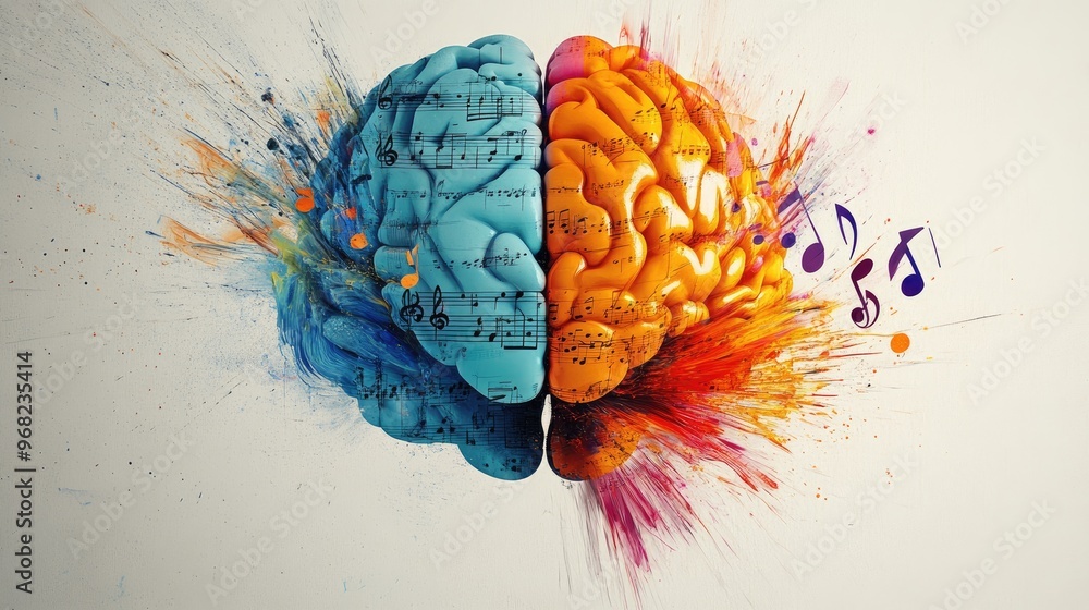 Poster brain split in half with left side showcasing logic and numbers, and the right half a burst of music