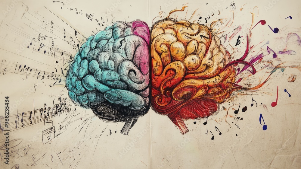 Aufkleber brain split in half with left side showcasing logic and numbers, and the right half a burst of music