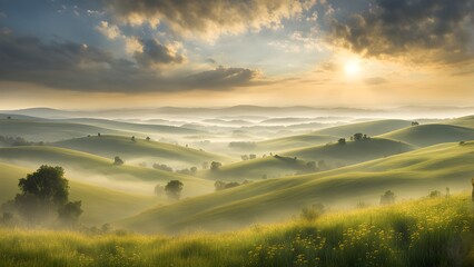 Fototapeta premium A foggy, misty day in the countryside with a sun peeking through the clouds