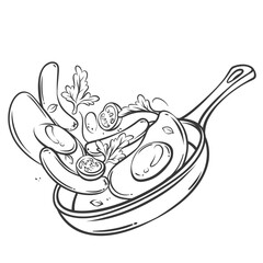 Fried eggs and sausages falling into frying pan line icon. Outline flying skillet with traditional morning food of restaurant or home. Cooking mascot, hand drawn breakfast pan vector illustration