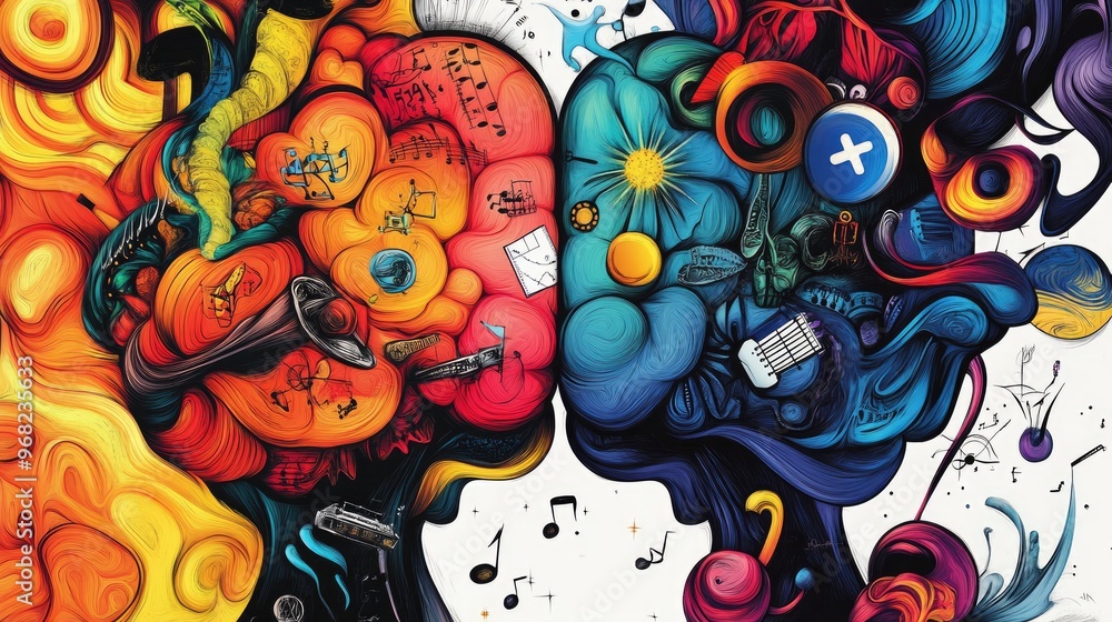 Poster colorful split-brain illustration with left side showing math and logic, right side expressing music