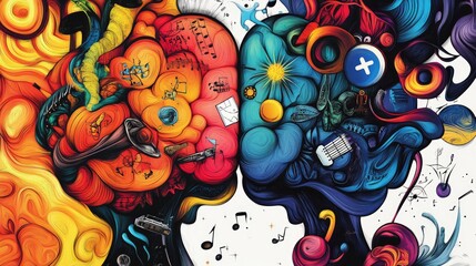 Fototapeta premium Colorful split-brain illustration with left side showing math and logic, right side expressing music and art, designed for a science poster on white