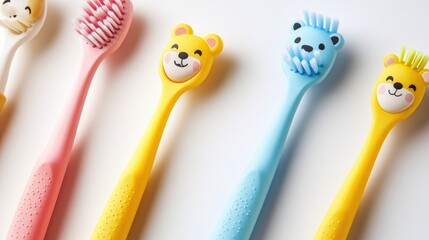 Cute and colorful toothbrush for kids with a playful design, featuring animal faces on the handle, set on a clean white background