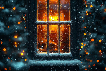 Snow gently falling outside a window, with a warm light glowing from within a decorated house. Concept of peaceful winter nights and holiday coziness.