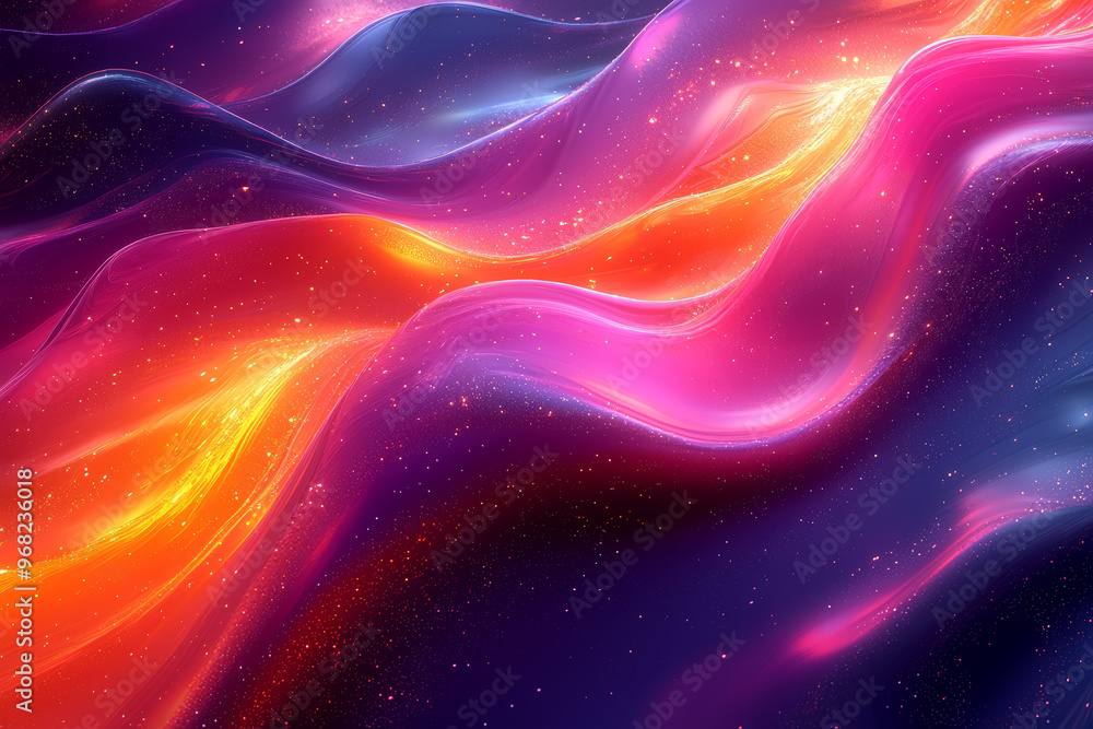 Poster an abstract digital artwork featuring pulsating neon colors and dynamic shapes. concept of modern di