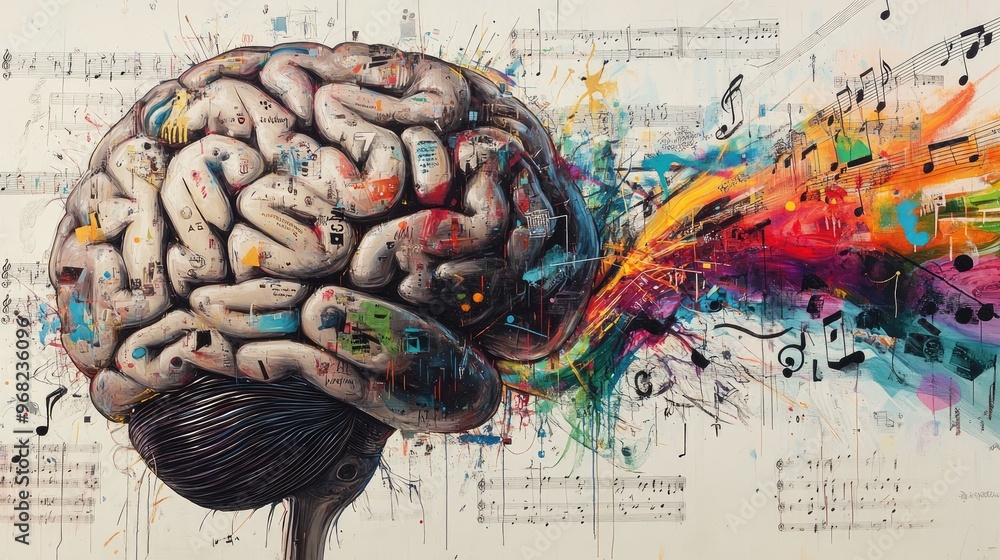 Poster half-brain art: left side filled with numbers and letters, right side flowing with vibrant music not