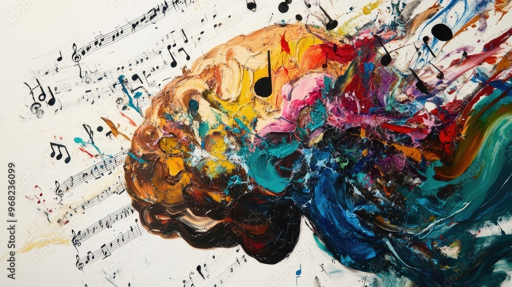 Poster half-brain art: left side filled with numbers and letters, right side flowing with vibrant music not