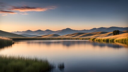 A calm lake with mountains in the background