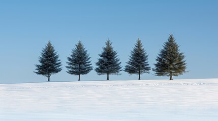Obraz premium Fluffy spruce trees standing in a snowy field beneath a bright, clear blue sky on a winter day