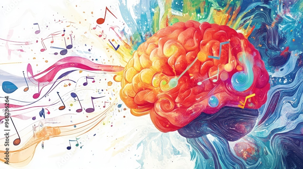 Poster psychedelic brain illustration with left side showing numeric data and the right half displaying mus