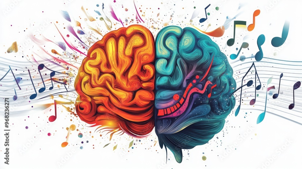 Poster psychedelic brain illustration with left side showing numeric data and the right half displaying mus
