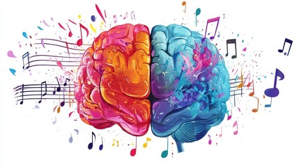 Psychedelic brain illustration with left side showing numeric data and the right half displaying music notes and colorful art, set on a white background