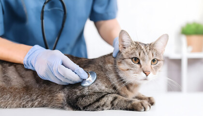 Hand focus close up Veterinary Cardiology. Nurse woman at vet clinic conducting routine heart health screening for cat, listening to pet's heart.